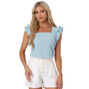 Summer Gingham Tops Square Neck Ruffle Cap Sleeve Blouses Lake Blue